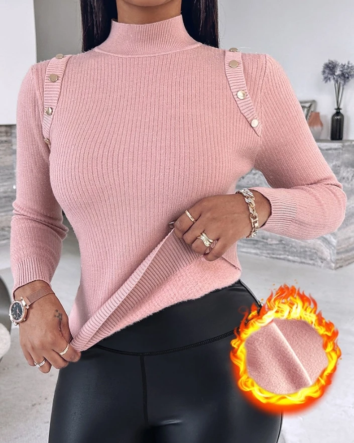 Women's Hoodies Autumn Winter Latest 2025 High Neck Knit Sweater Fleece Lined Front Button Basic Layering Soft Thermal Top