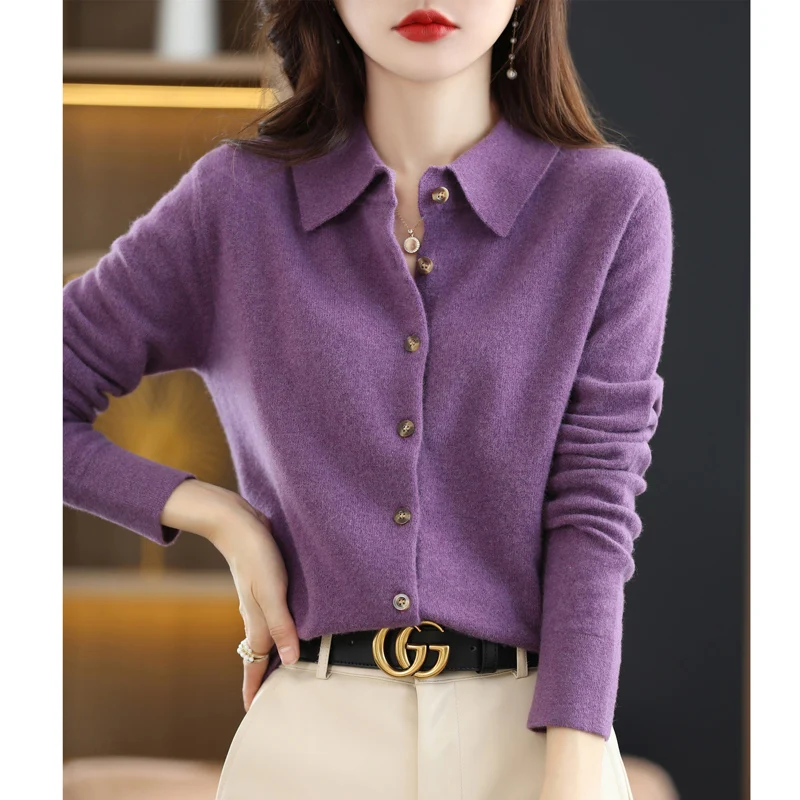 Women\'s Wool Knit Cardigan Loose Delicate PoLo Neck Sweater Jacket Solid Color Button Shirt Fashion Casual French Chic Design