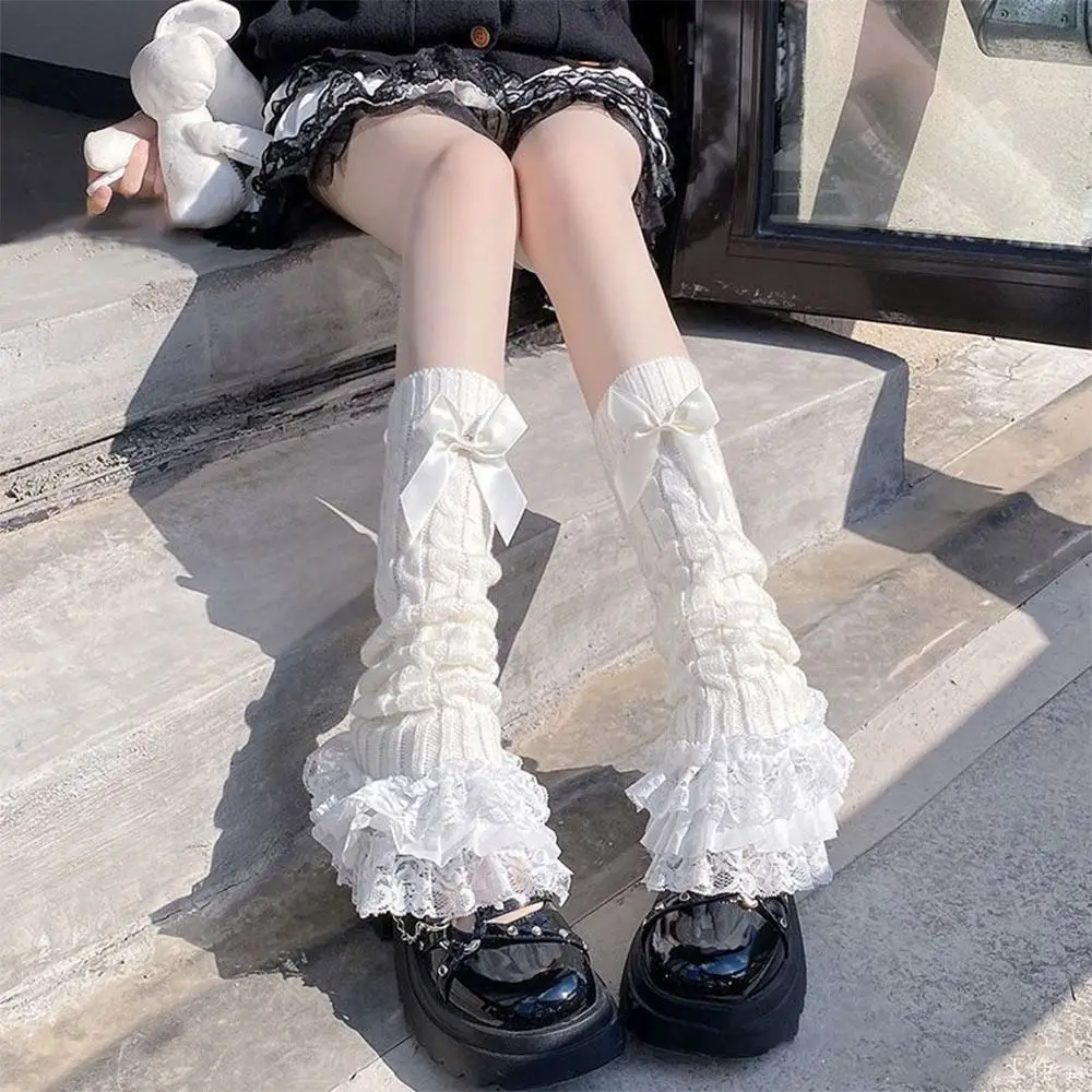 

Ruffled Design Knitted Leg Warmer Lace Trim Bow Tiered Bow Tiered Socks Warm Knitted Fabric Calf Warmers Japanese Style