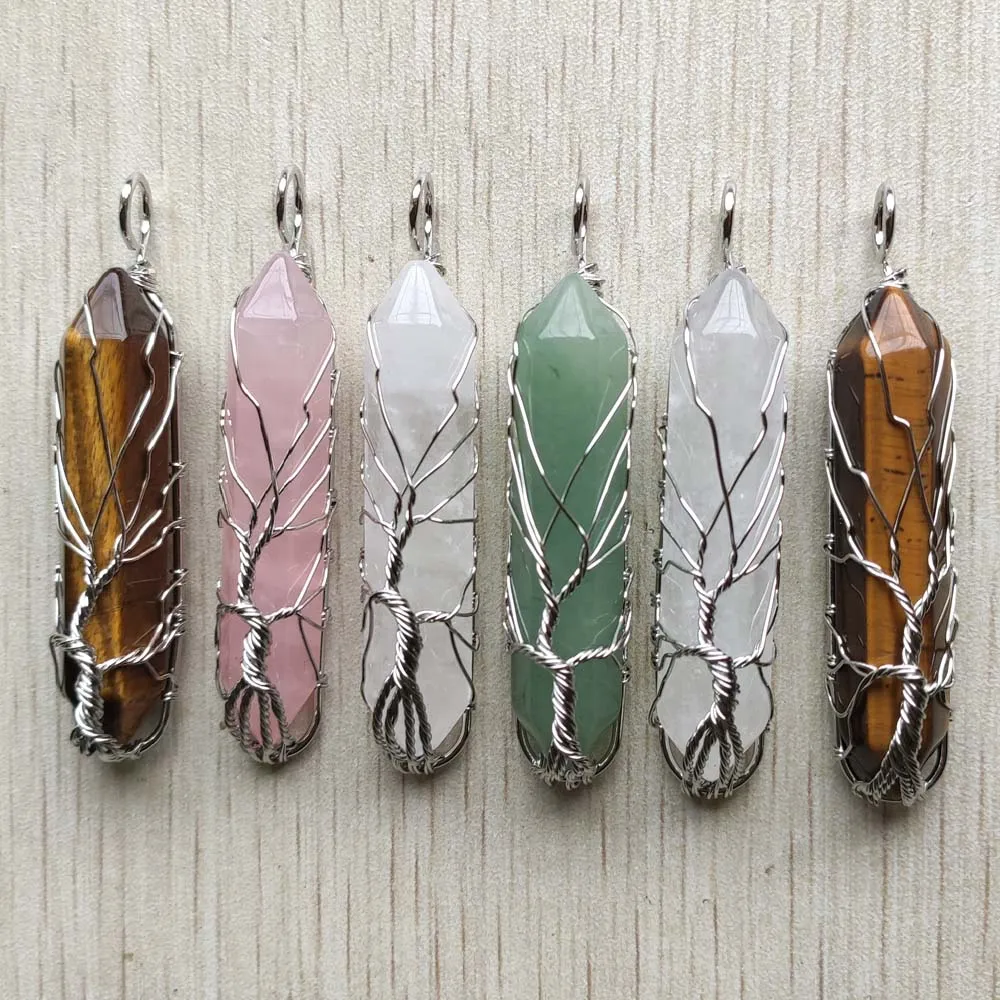 

Natural semi-precious stone tree of life crystal pillar pendulum pendants for jewelry making Wholesale 6pcs/lot free shipping