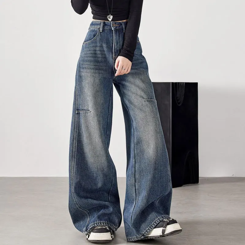 Loose High Waist Wide Leg Jeans Women's Straight American Style plus Size Retro Pear Shape Fat MM Jeans Loose Scythe Pants