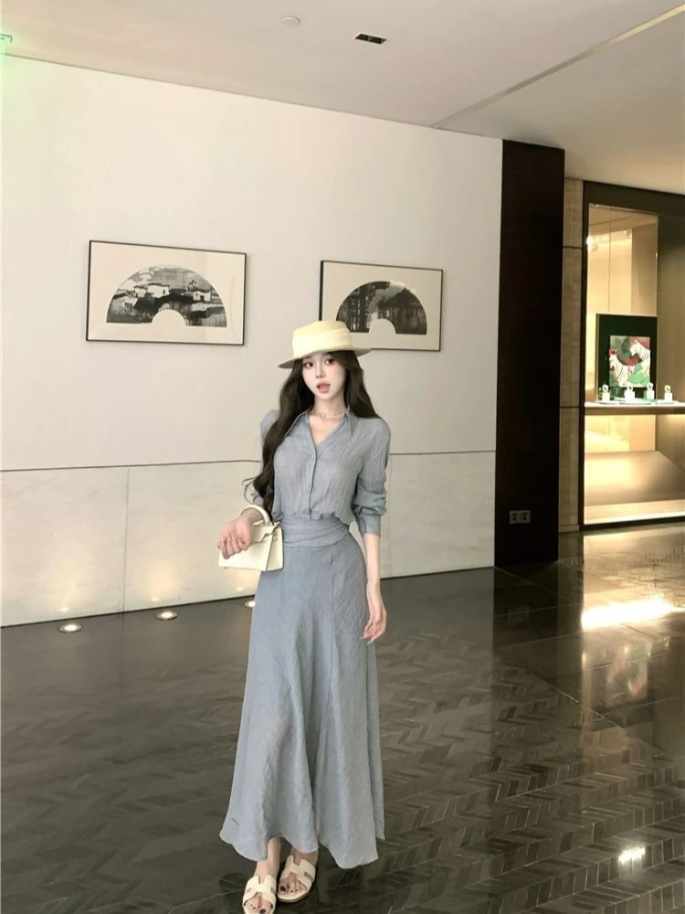 

Retro Chic Women's Fashion Set Comfortable Long Sleeve Top High Waist Skirt Stylish Outfit