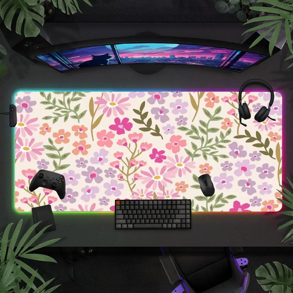 

Colorful Floral Mouse Pad Large RGB Gaming Mousepads LED Light Locked Edges Game Accessories Table Pads Keyboard Mat XXL 90x40cm