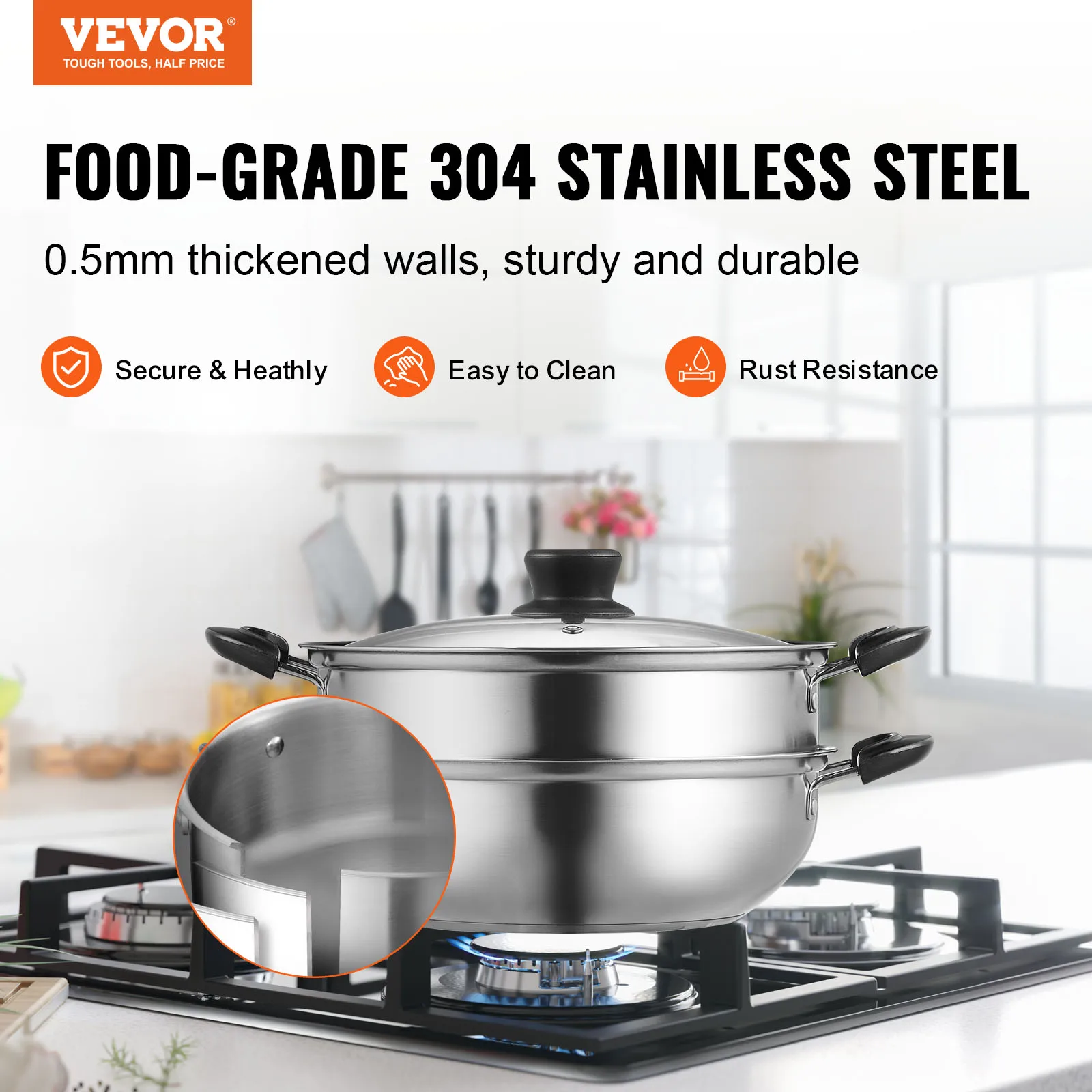 VEVOR Steamer Pot for Cooking Food-Grade 304 Stainless Steel Food Steamer Cookware w/ Lid for Gas Electric Induction Grill Stove