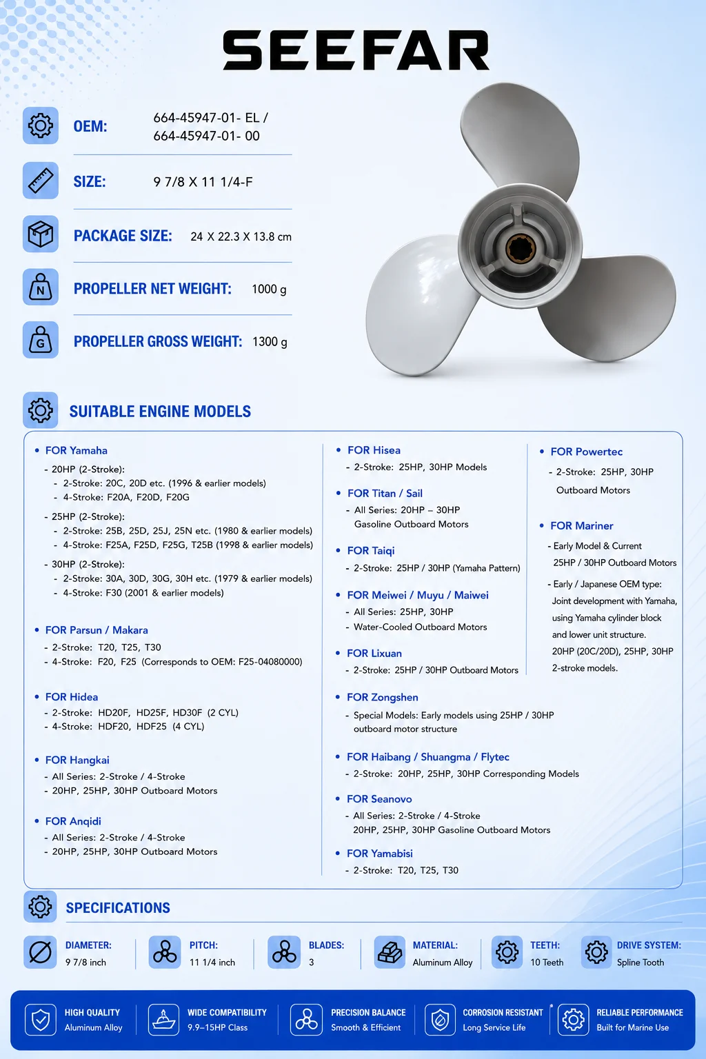 Outboard Motor Propellers for Yamaha 20-30hp   10.5inch 11inch 12 inch  13 inch Quality Aluminum  Propellers