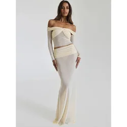 Women's Off-Shoulder Sheer Long Sleeve Crop Tops and Long Skirt, Fashion Skirt, Sexy 2 Piece Sets