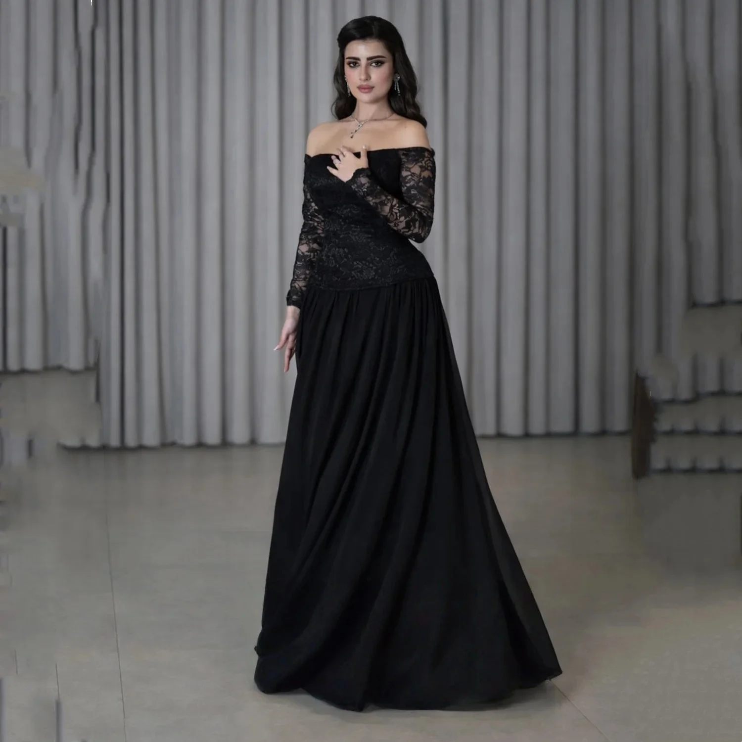 

Черное кружевное вечернее платье с длинными рукавами, индивидуального пошива, для особых случаев, в стиле пастораль, унисекс, из джерси, ретро, в дубайском и саудовском арабском стиле, для выпускного вечера, на заказ