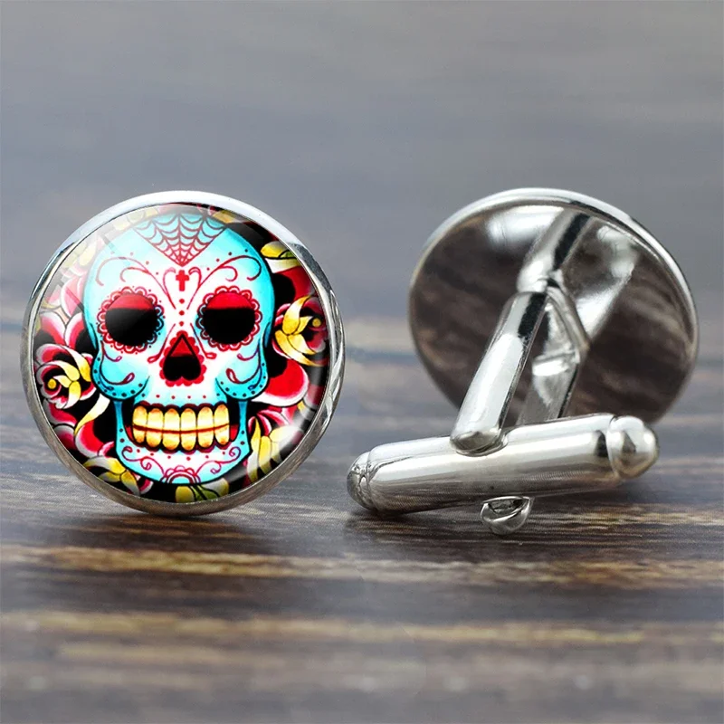 Skull Cufflinks for Men Suit Shirt Best Man Cufflinks Set Sugar Skull Jewelry Glass Cabochon Cuff Links Fashion Gifts