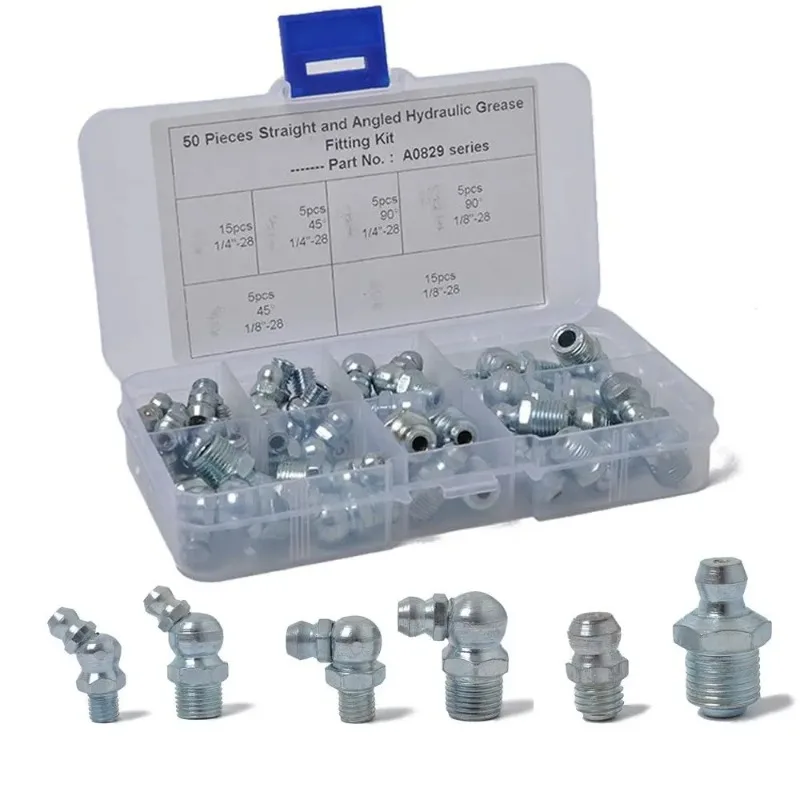 

50pcs/set Hydraulic Lubrication Grease Fitting Assortment Six Specifications Set Box 1/4" 1/8" Vehicle Nozzle Fuel Injector