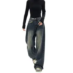 Calça jeans feminina estilo harajuku, solta, perna larga, outono inverno, moda americana, retrô, baggy, reta, solta, jeans