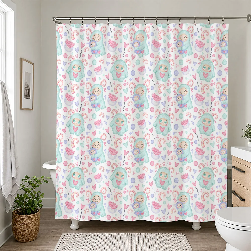 Cute Pastel Cartoon Shower Curtain Waterproof Bathroom Liner Nursery Decor Aesthetic Print Shower Curtain for Kids Girls Bathroo