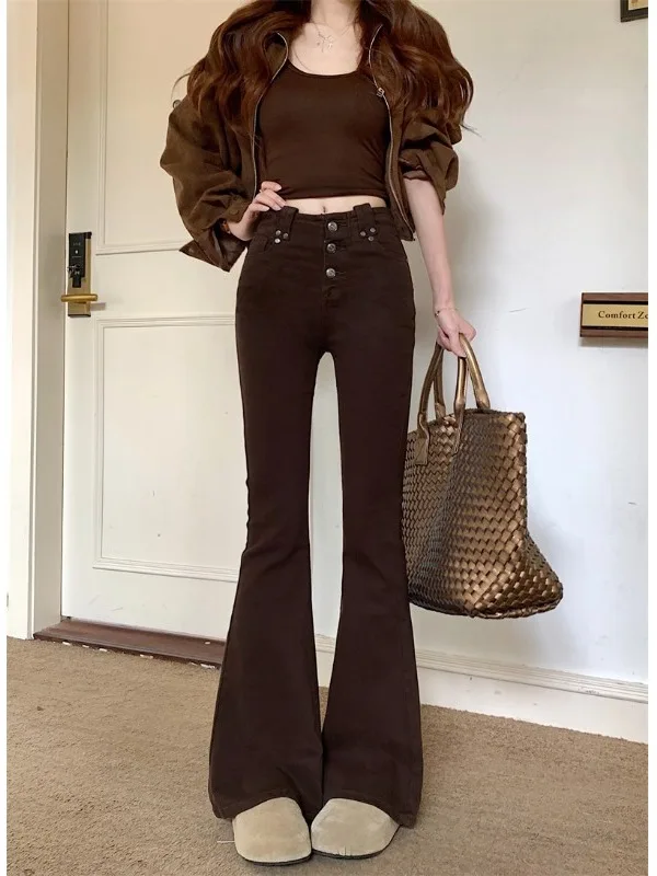 

Американские ретро-джинсы с эластичной талией, облегающие, микро-клеш, женские, с высокой талией, удлиненные, дизайнерские, весна 2026