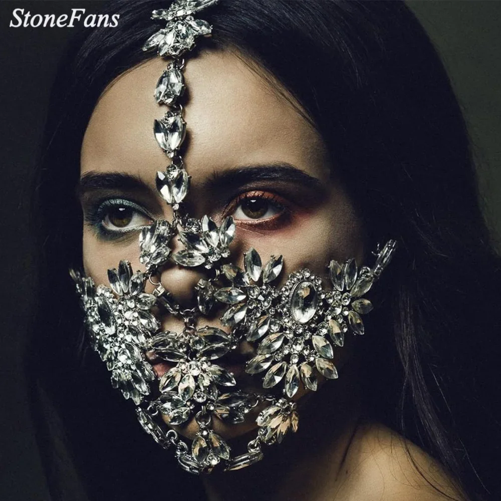 StoneFans Designer Party Crystal Flower Rhinestone Mask Masquerade Jewelry Decorative Luxury Mask for Face Design Women Gifts