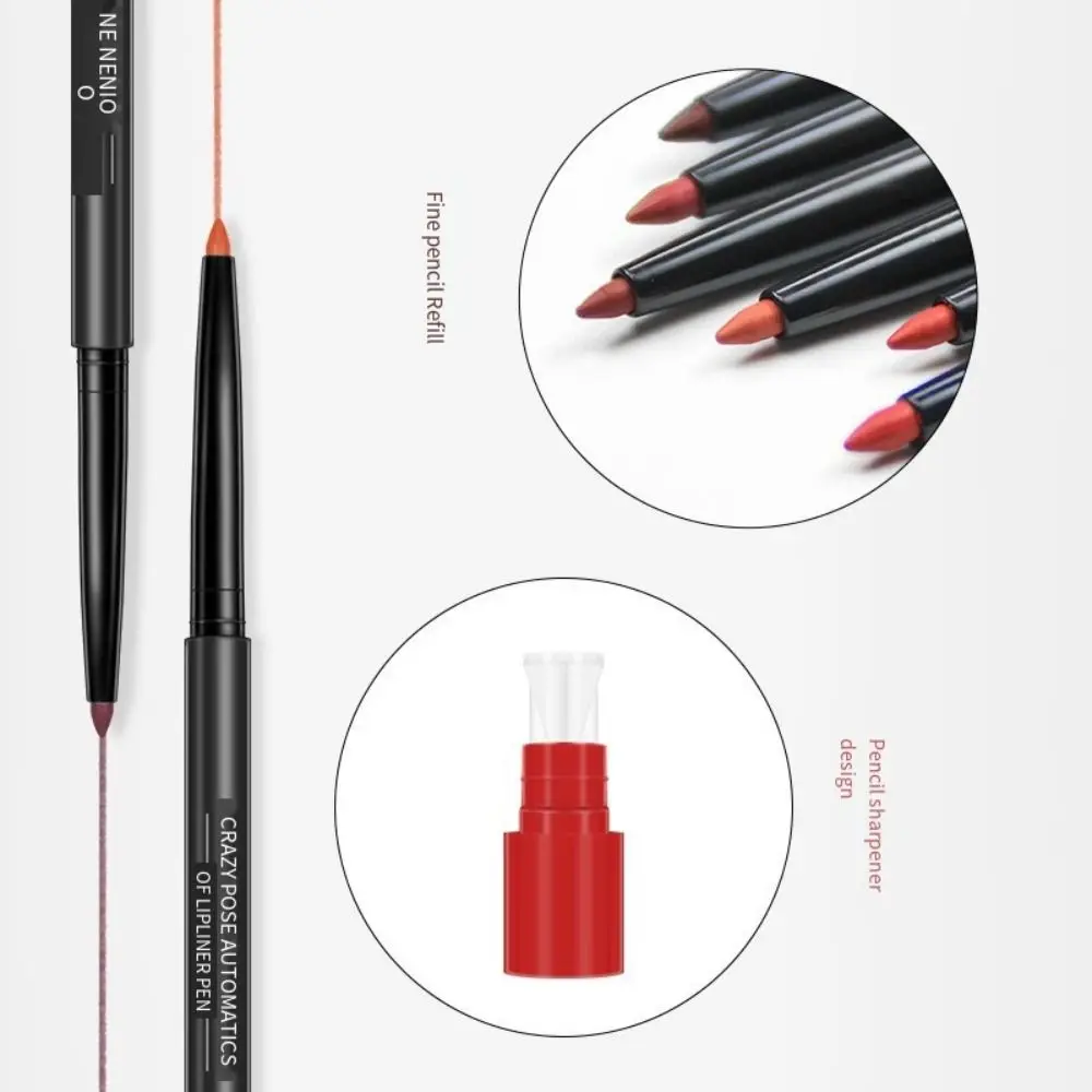 6 Kleuren Fluwelen Lipliner Potlood Cosmetica Met Puntenslijper Automatische Roterende Lip Liner Non-Stick Cup Roze Roodbruin