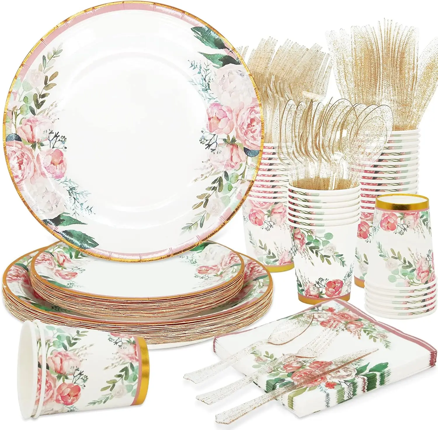 

Floral Party Supplies - Bridal Shower Paper Plates & Napkins Set for 24 Guests - Disposable Dinnerware: Plates, Cups