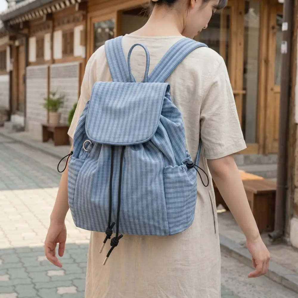 Korean Solid Color Drawstring Backpacks Canvas Light Weight Ruched Shoulder Bags Korean Casual Student Schoolbag Travel