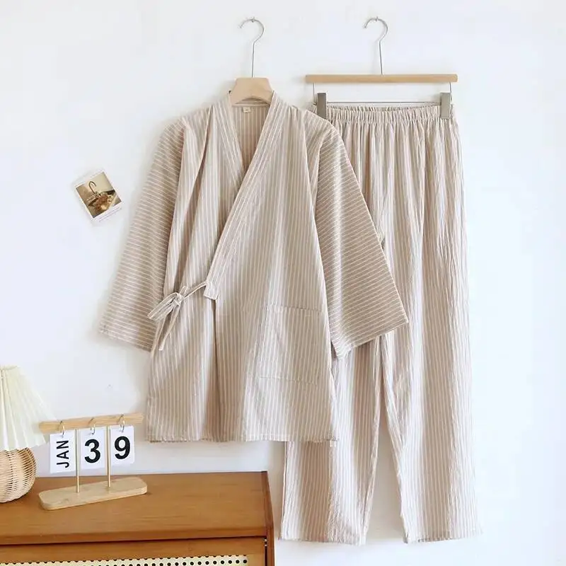 

Striped Design Kimono Robes Set Pamas For Men's Sleepwear Cotton Loose Oversized Long Pants Thin Sweat Steamed Home Clothes