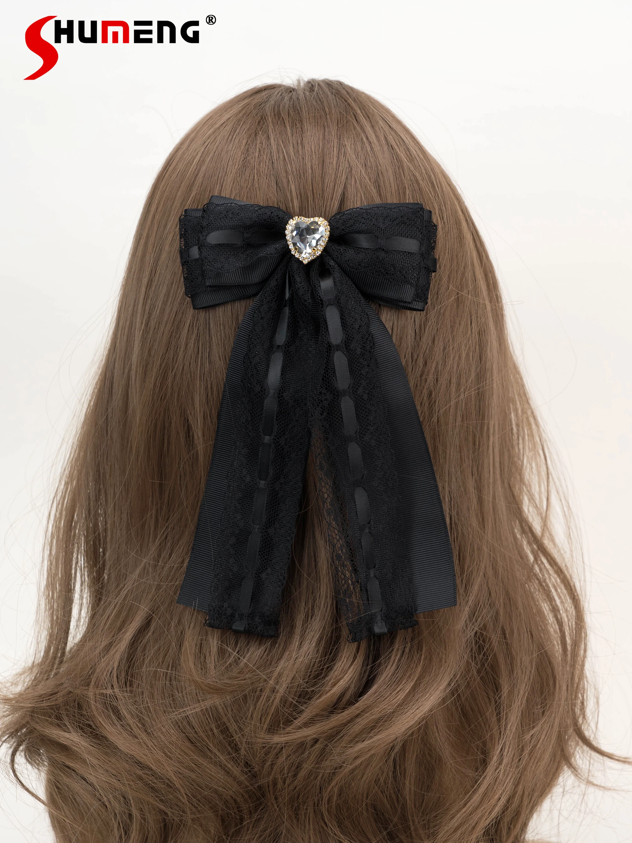 Sweet Mine Mass-Produced Lace Black Brooch Lolita Large Rhinestone Love Heart Bow Tie Brooch Bow Tie Barrettes Hair Accessories