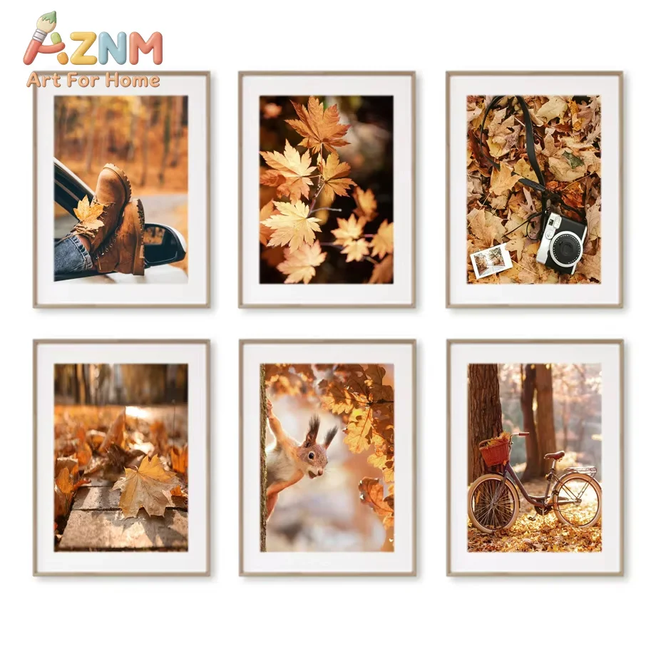 1PC Canvas painting Autumn Maple Leaves Bike Camera Fall Deer Posters Prints Canvas Painting Wall Art Pictures