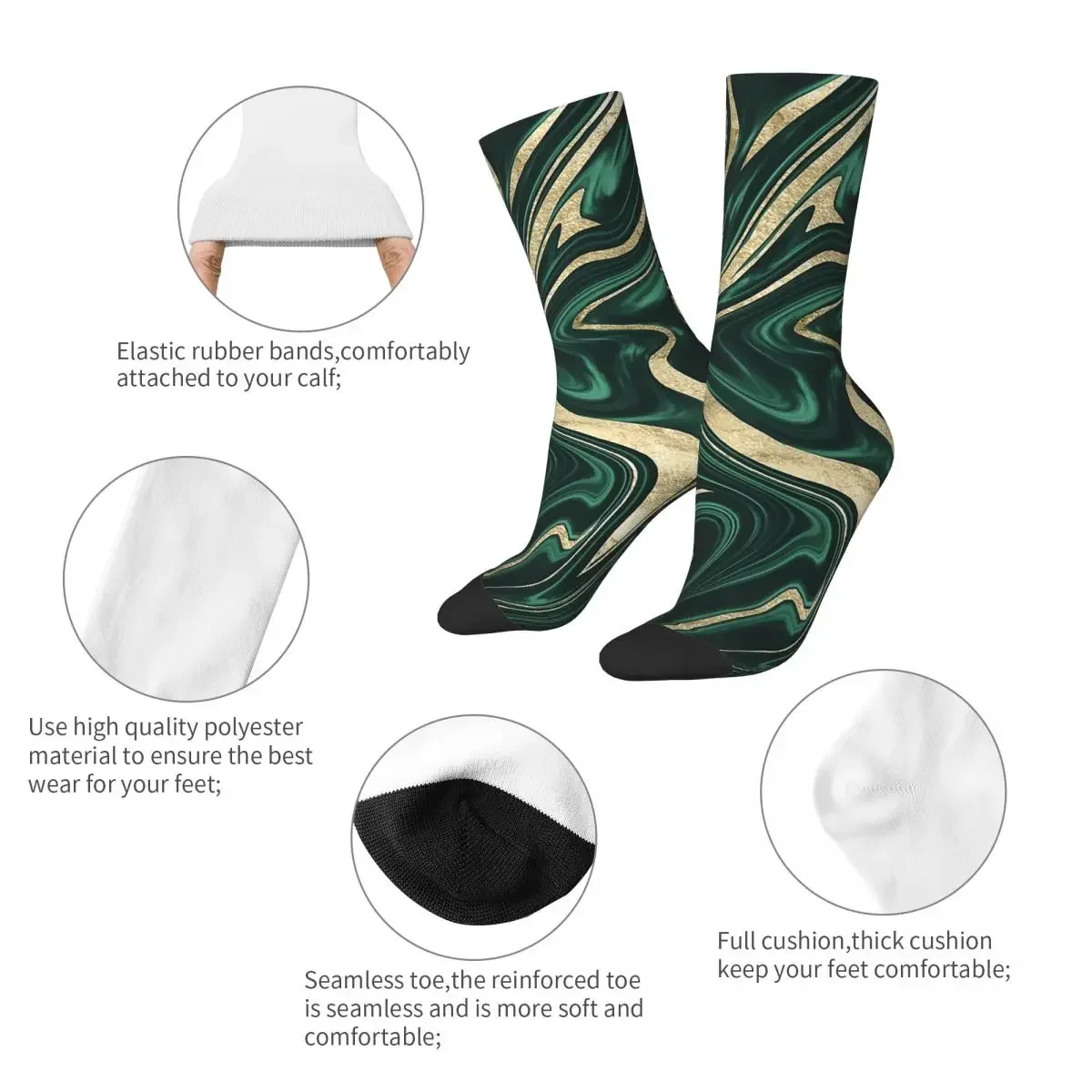 Hip-hop Emerald Green Black Gold Marble Sports Socks Marbled Texture Hip Hop Male Middle Tube Socks for Unisex Sweat Absorbing