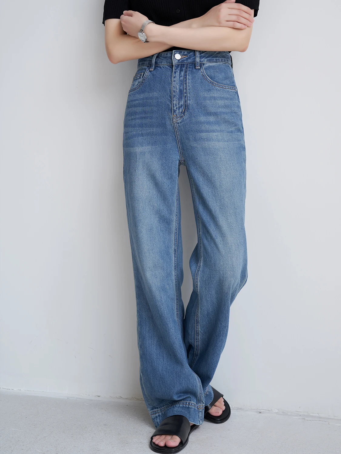 

High Waist Slimming Denim Jeans Women's Floor-Length Wide Leg Pants Long Trousers Comfortable Fit Casual Style Light Blue