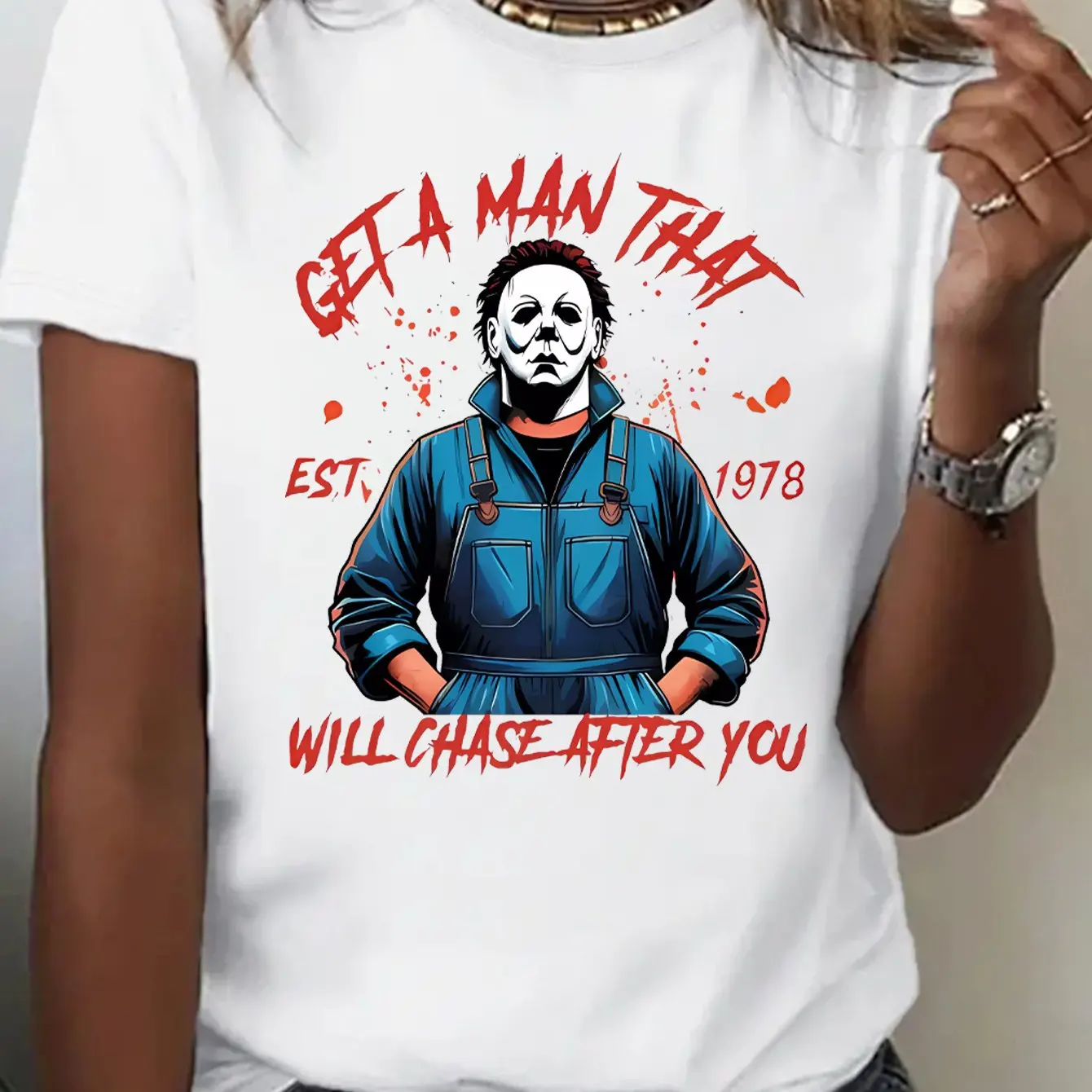 Dames casual patroon T-shirt Halloween horror thema bedrukt met "GET A for Man THAT" en "EST 1978" Halloween ronde hals top