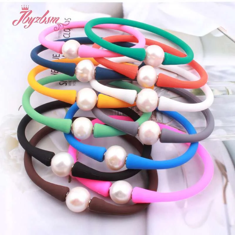 10mm Round Freshwater Pearl Silicone Bracelet Stone Beads Casual Waterproof For woman man Unisex Gift Bangle Bracelet 1 Pcs