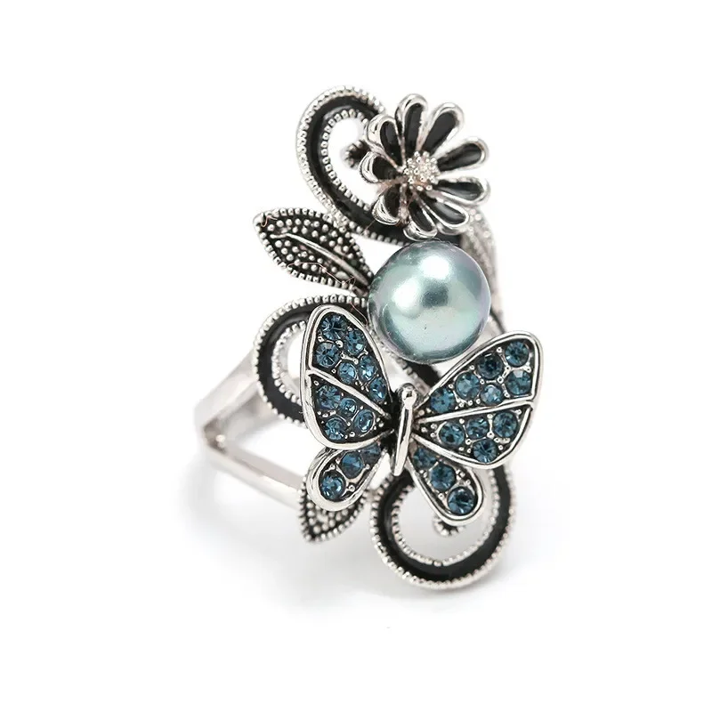 Trendy Ink Blue Pearl Butterfly Crystal Women\'s Ring For Engagement Wedding Jewelry Copper Accessories Rings Wholesale