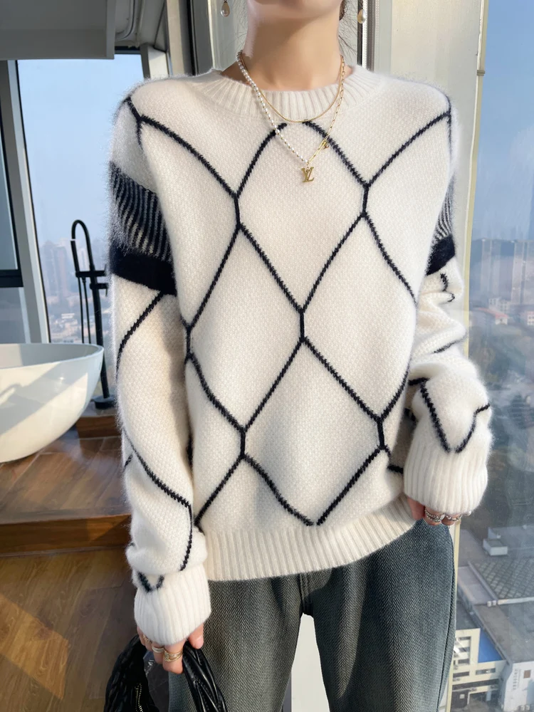 New Chic Women O-neck Twist Argyle Pullover 100% Merino Wool Sweater Thick Soft Warm Casual Loose Jumpers Autumn Winter Top