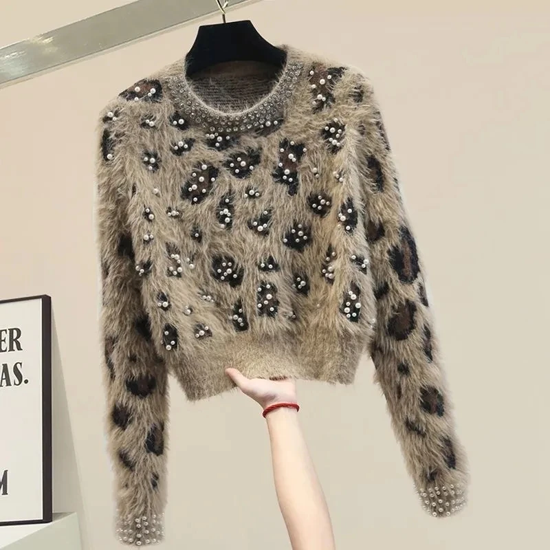 Perlas de leopardo Vintage tejido de visón cuello redondo jersey de manga larga suéter de mujer suéteres femeninos Tops ropa de mujer moda 2024