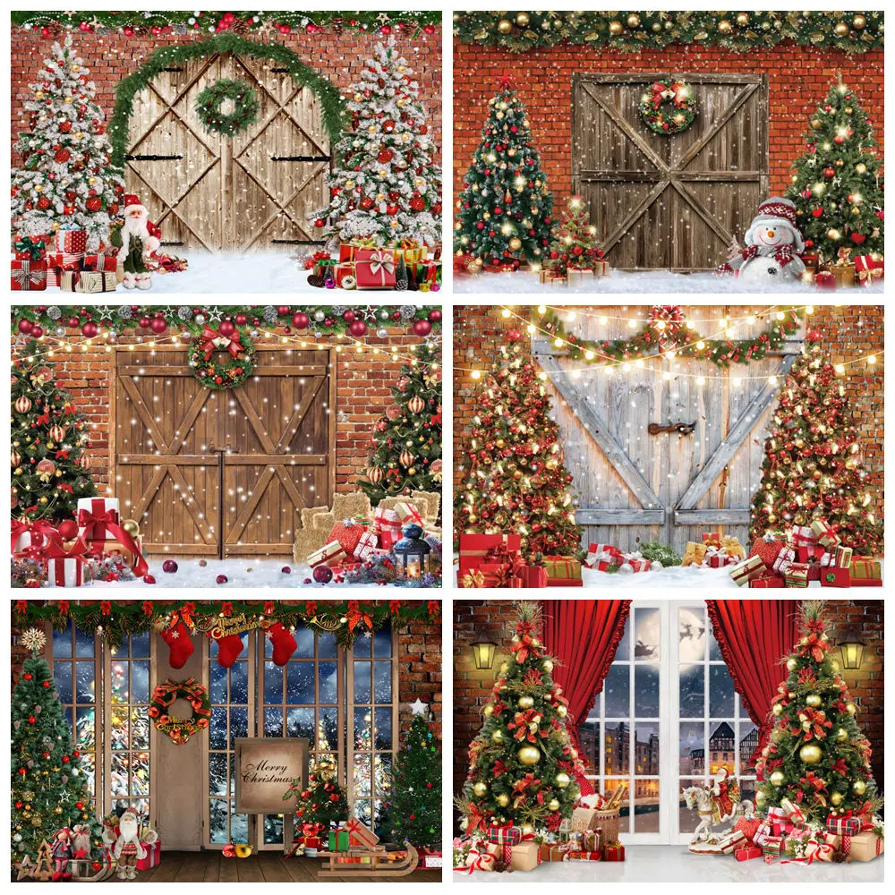 

Christmas Backdrop Xmas Tree Gifts Snowflake Window Brick Wall Barn Door Winter Adults Baby Family Party Photography Background