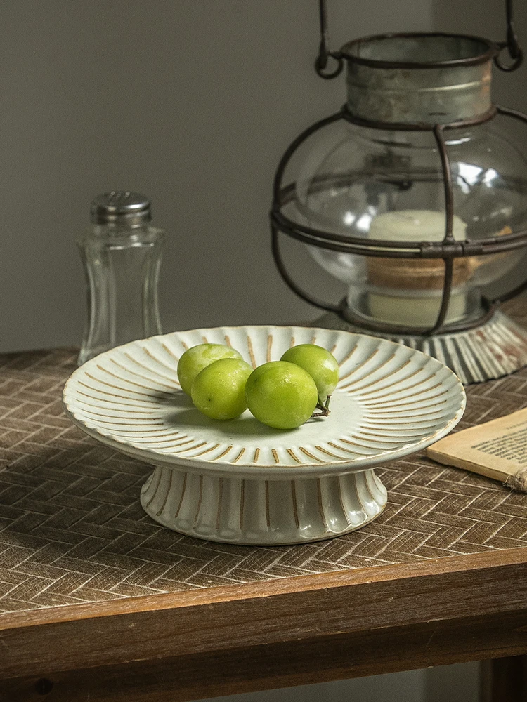 

Vintage Pedestal Plate 7 Inch Handmade Stoneware Dessert Tray Japanese Style Fruit Snack Dish