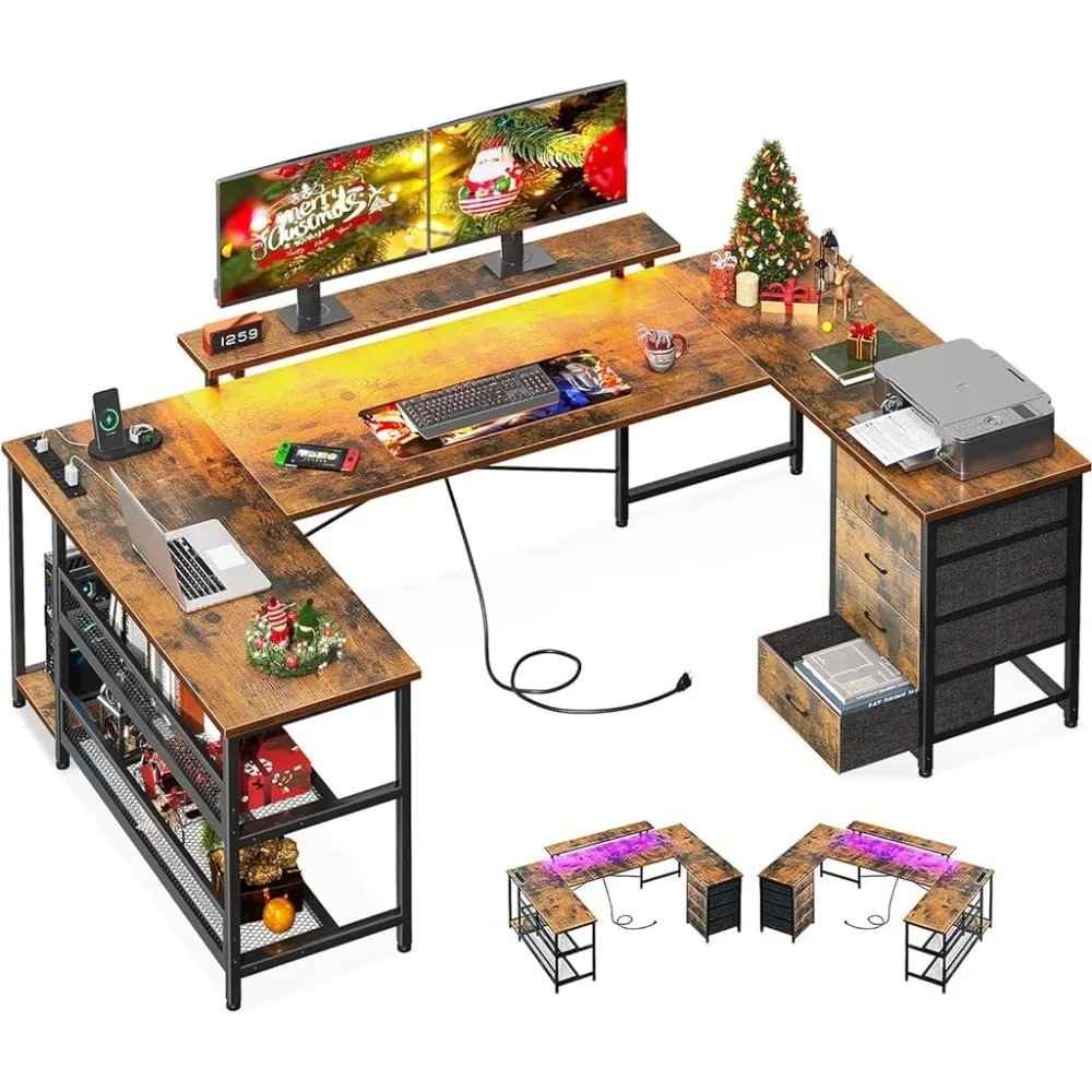 

U Shaped Desk with Power Outlets & LED Strip & Monitor Stand, 66" Reversible L Shaped Desk with Drawers and Storage Shelf