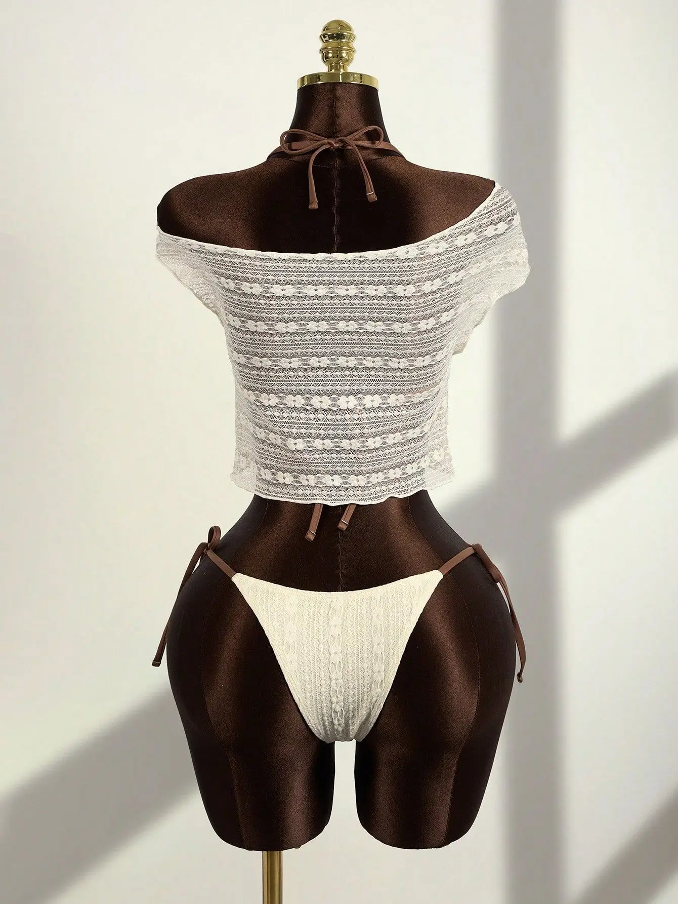 2026 Vintage Lace Off Shoulder Tie Side Two Piece Bikini Set Women Push Up Tummy Control Swimsuit Swimwear Beach Vacation Summer