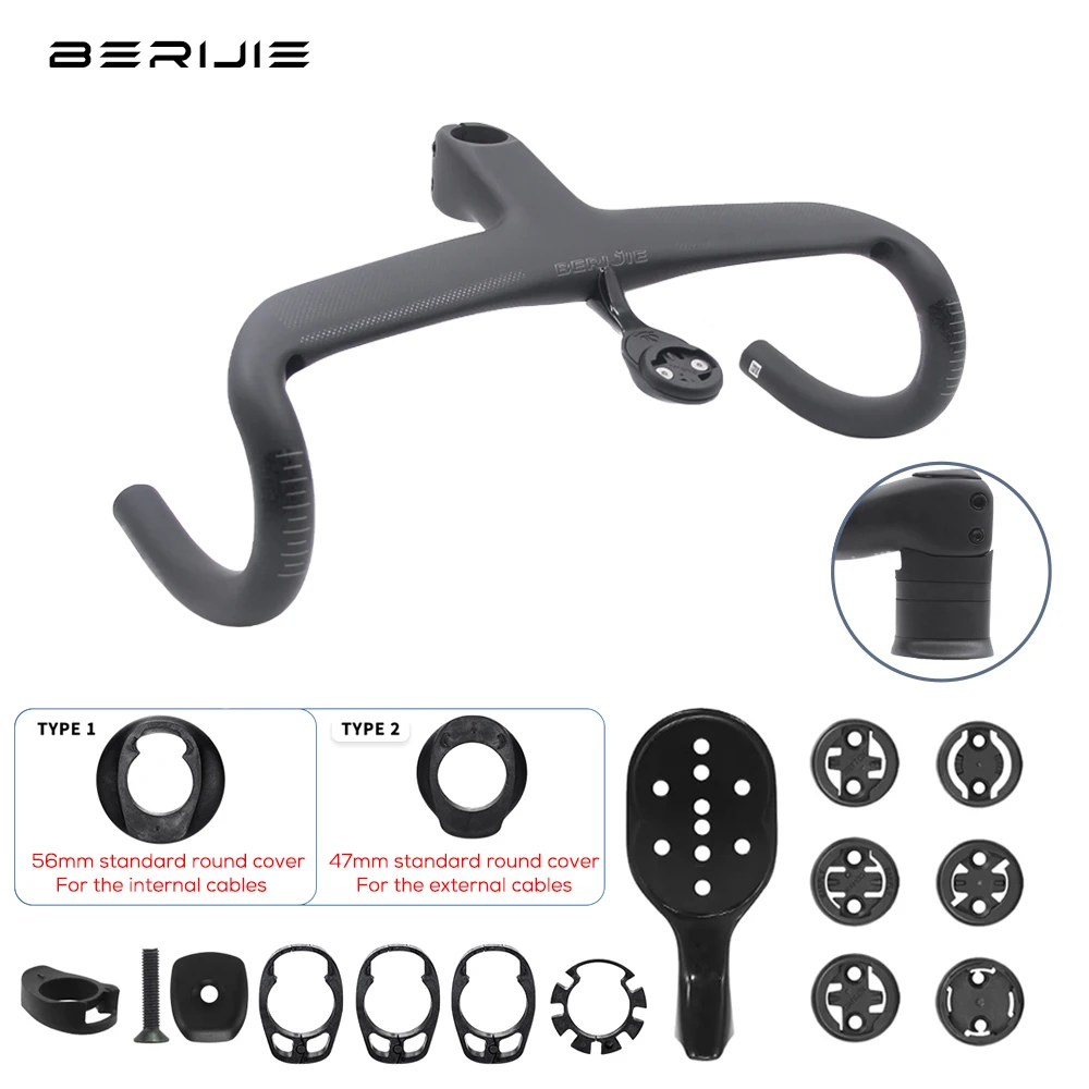 

BERIJIE Road Bike Full Carbon Internal Cable Integrated Handlebar,Bicycle Cockpit With Spacer, -6°,OD1,Round Headset Cap 47/56mm