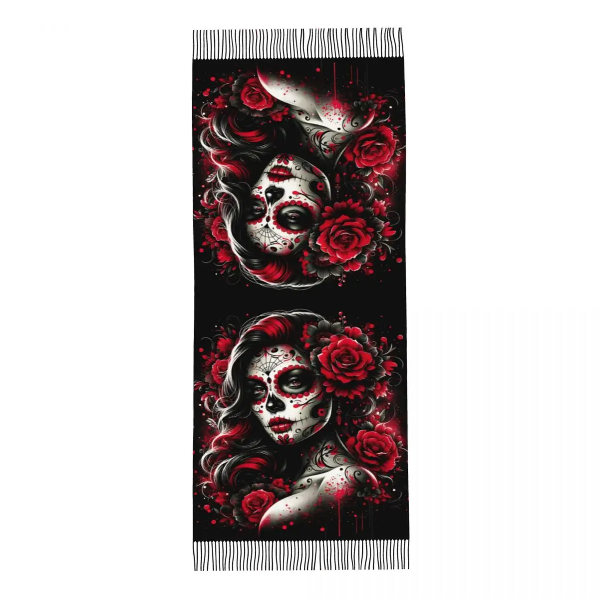 Custom Mexican Catrina Sugar Skull Tattoo Tassel Scarf Women Winter Warm Shawls Wraps Lady Scarves