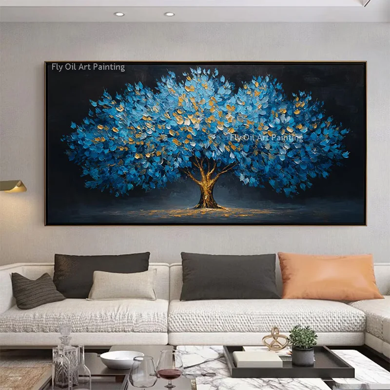 

Hand Made Black And Blue Large Tree Landscape Oil Painting On Canvas New Abstract Gold Foil Home Wall Art Decor Items As Gift