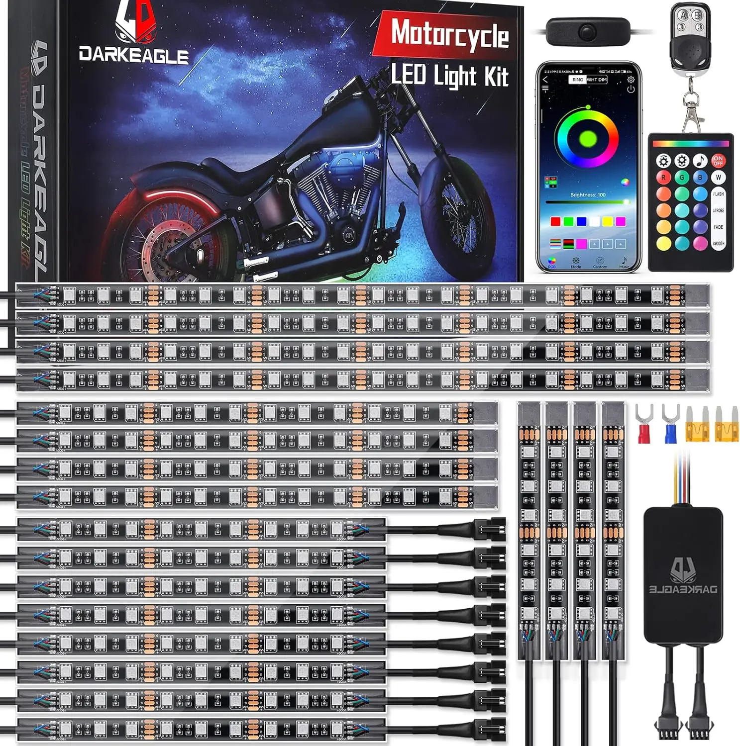 

20PCS Motorcycle LED Light Kit with Brake Light Turn Signal Dual Zone, Motorcycle Underglow Lights with APP/RF Remote, RGB Neon