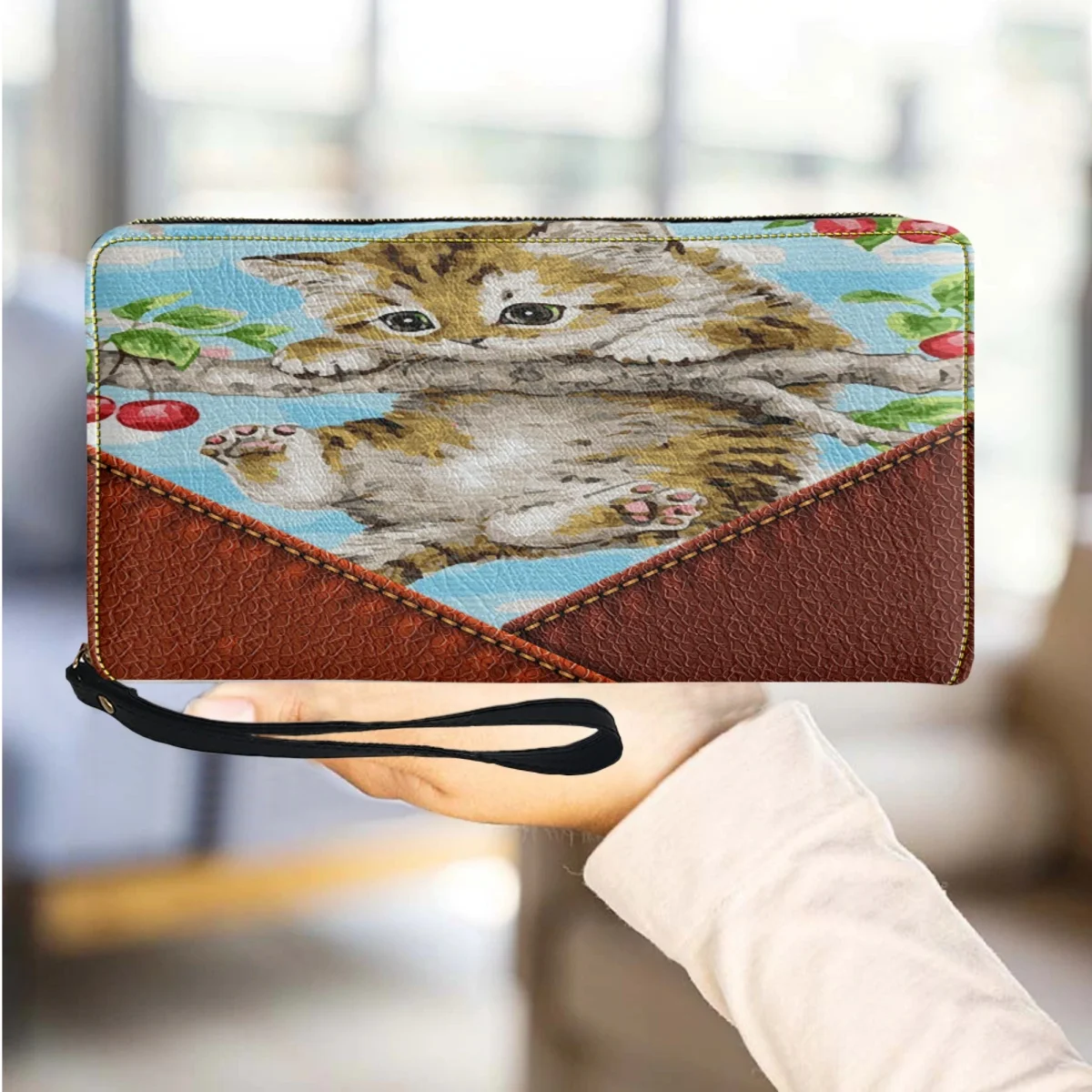 Bolso de mano de cuero con diseño de gato y pintura al óleo Vintage, Monedero pequeño portátil de alta calidad, billetera larga con cremallera para niñas, Monedero para Mujer