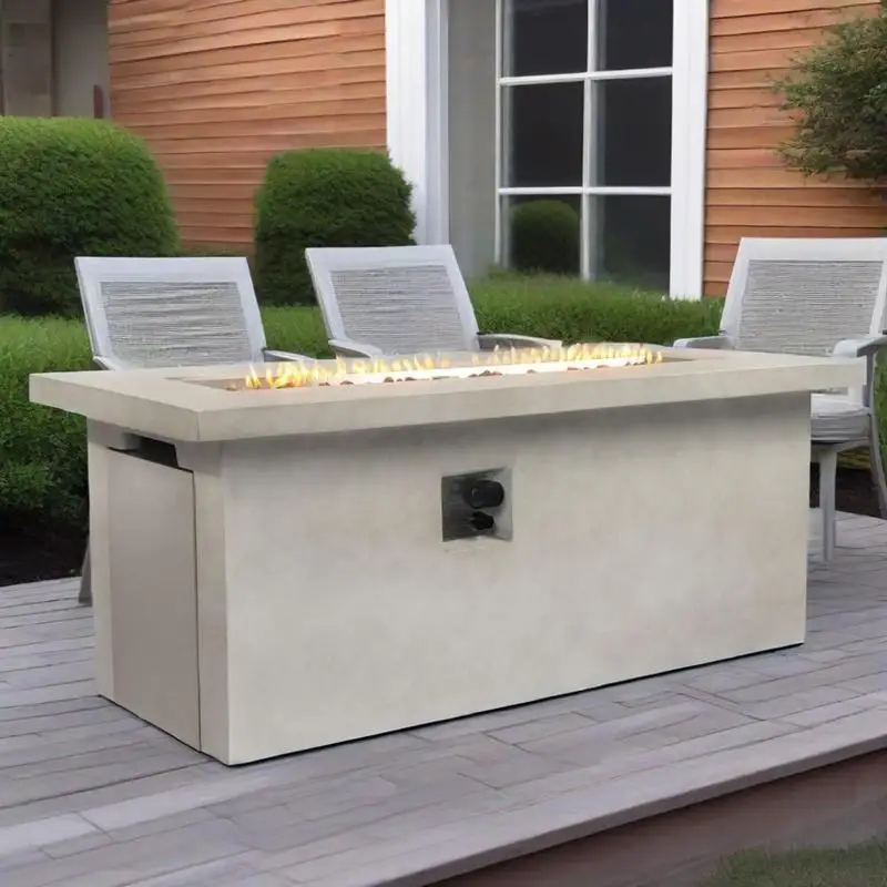 

60" Propane Gas Fire Pit Table, 60000 BTU Rectangular Concrete Fire Pit for Outdoor Backyard Deck Garden Courtyard - Light Grey