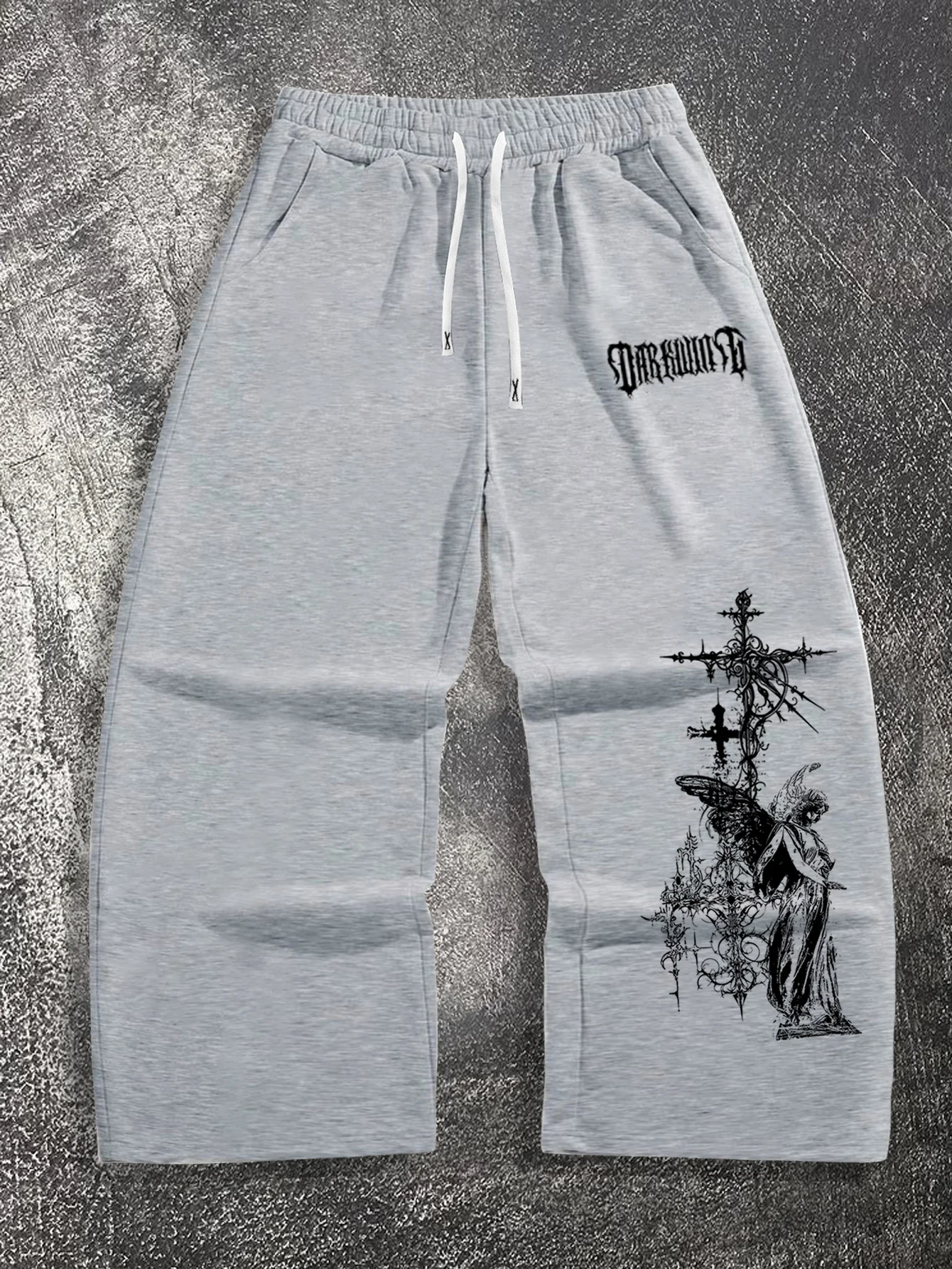 2026 New Men Baggy Wide Leg Sweatpants Gothic Angel Print Drawstring Elastic Waist Casual Joggers Streetwear Long Trousers