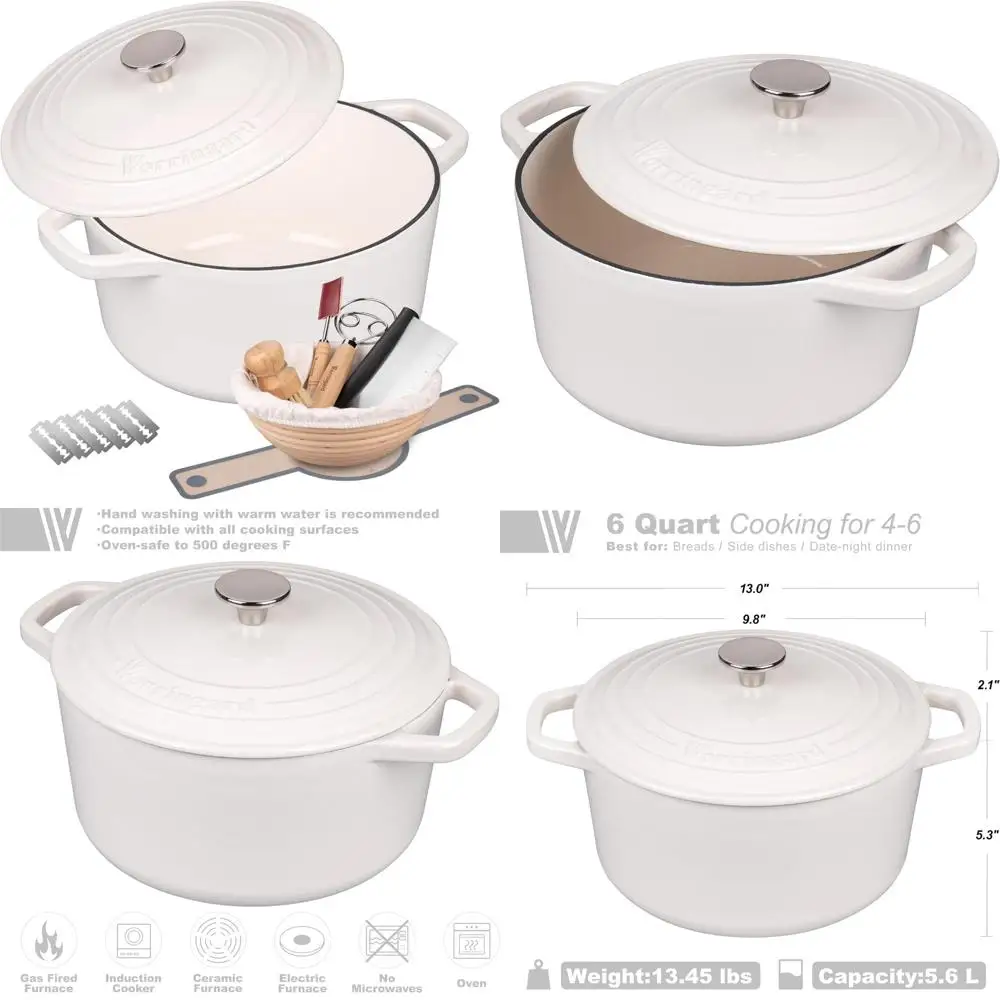 

6-литровая эмалированная чугунная голландская духовка с крышкой для выпечки хлеба, включая набор принадлежностей для выпечки хлеба на ударе, круглый хлеб Ov