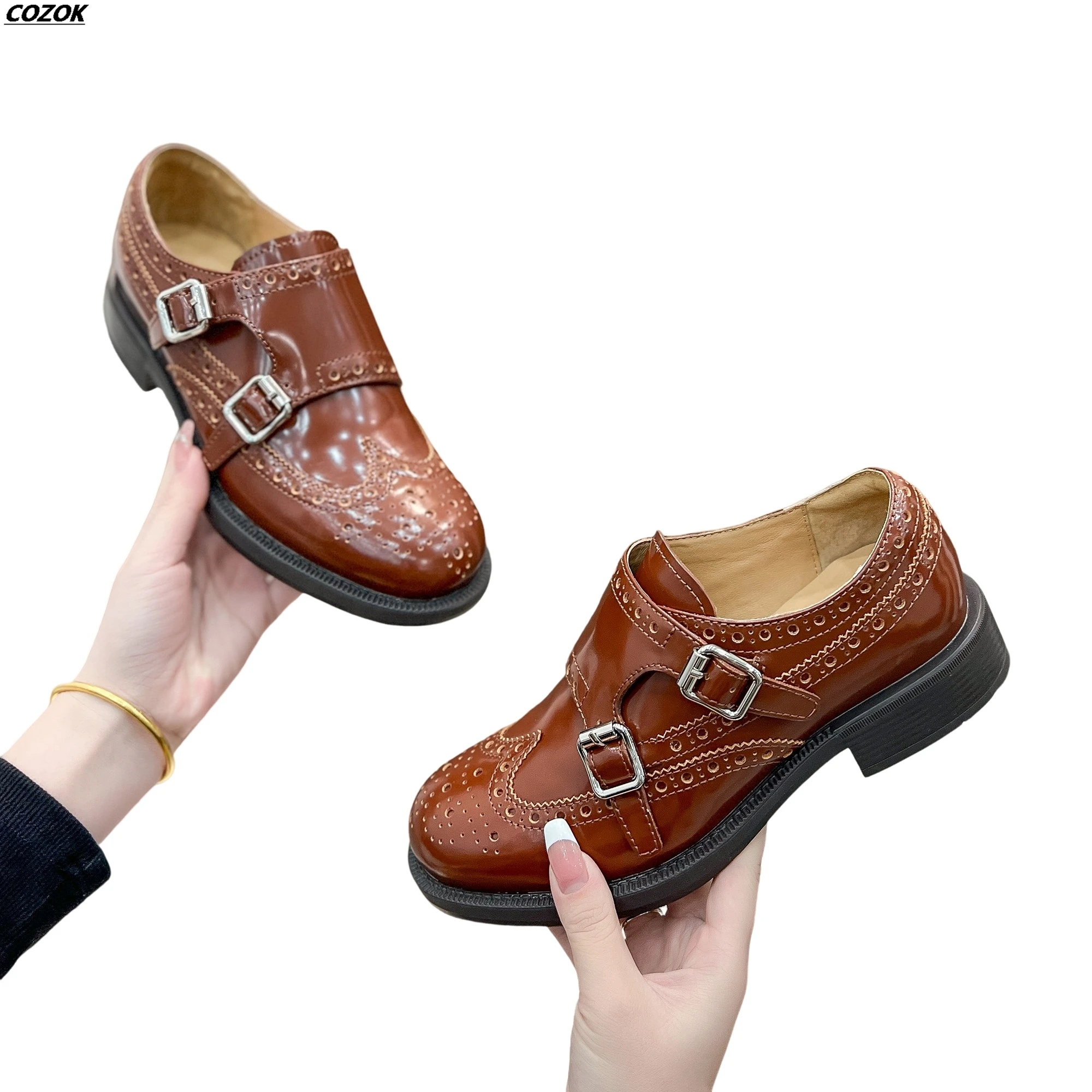 Full hand made 3.5cm heels  sheepskin shoe cushion with cowhide upper women calfskin genuine leather Buckle strap brogue style