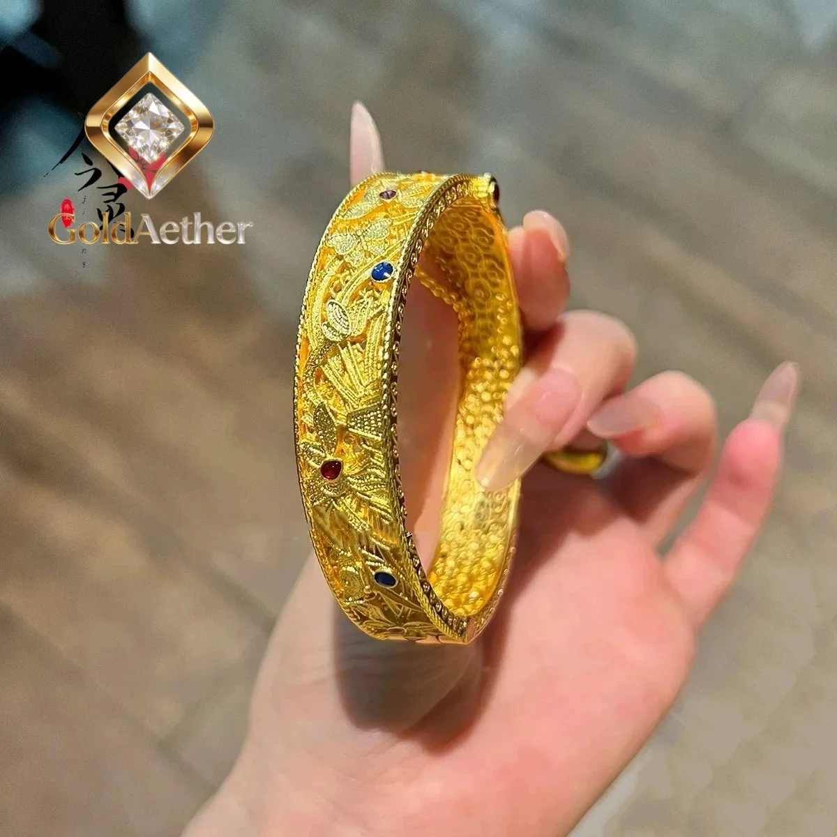 GoldAether Luxury 24K 9999 Pure Gold real gold Women's Enamel Bracelet Buckle Silk Bracelet Hollow