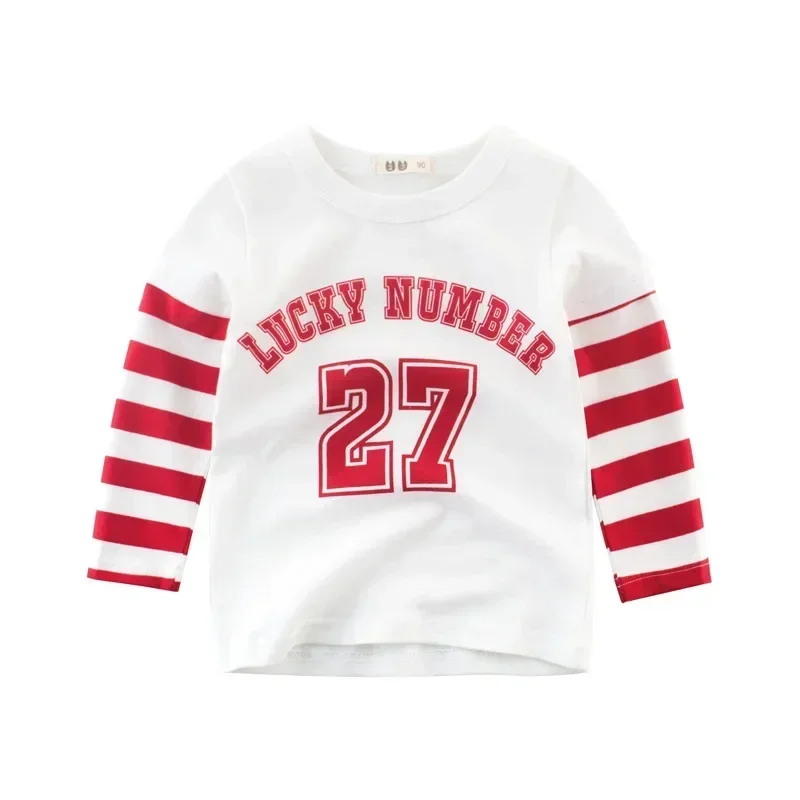 2025 Spring New Letters Print T Shirt Boys Kids Tops Casual Striped Long Sleeve O-Neck Bottoming Shirt Children's Clothing 2-9Y