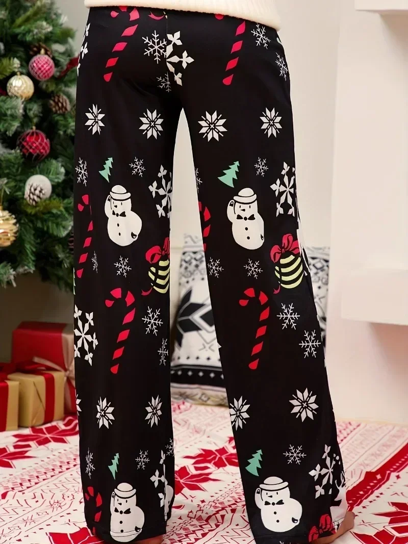 Plus Size 1XL-5XL Women's Fashion Christmas Print  Pants Ladies  Casual Patchwork Lace UpWide Leg Pants Loose Pants