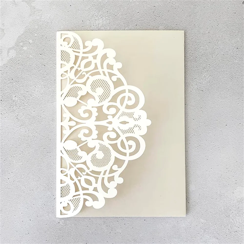 

Ivory Laser Cut Invitation Sleeve, Pocket Fold Card For Wedding Engagement Bridal Shower Graduation, 50 Sets Customized Invite.