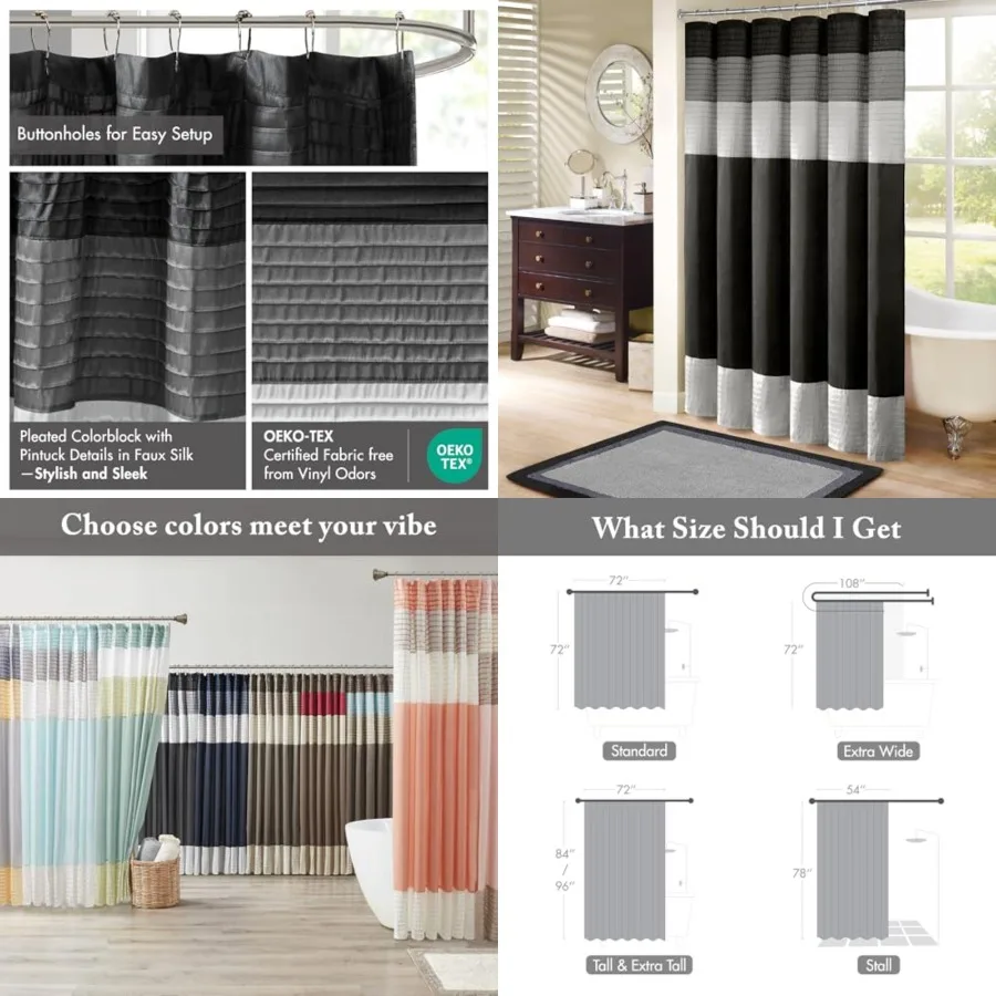 

Amherst Bathroom Shower Curtain Faux Silk Pieced Striped Modern Microfiber Bath Curtains, 72x84 Inch