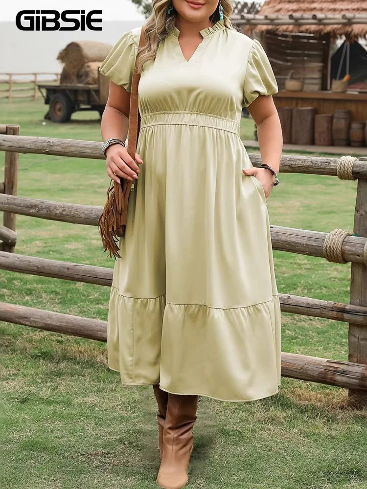 

GIBSIE Plus Size Solid V-Neck Puff Sleeve Dress Women Summer High-waisted Pockets Casual Vacation Ruffle Long Dresses 2026 New