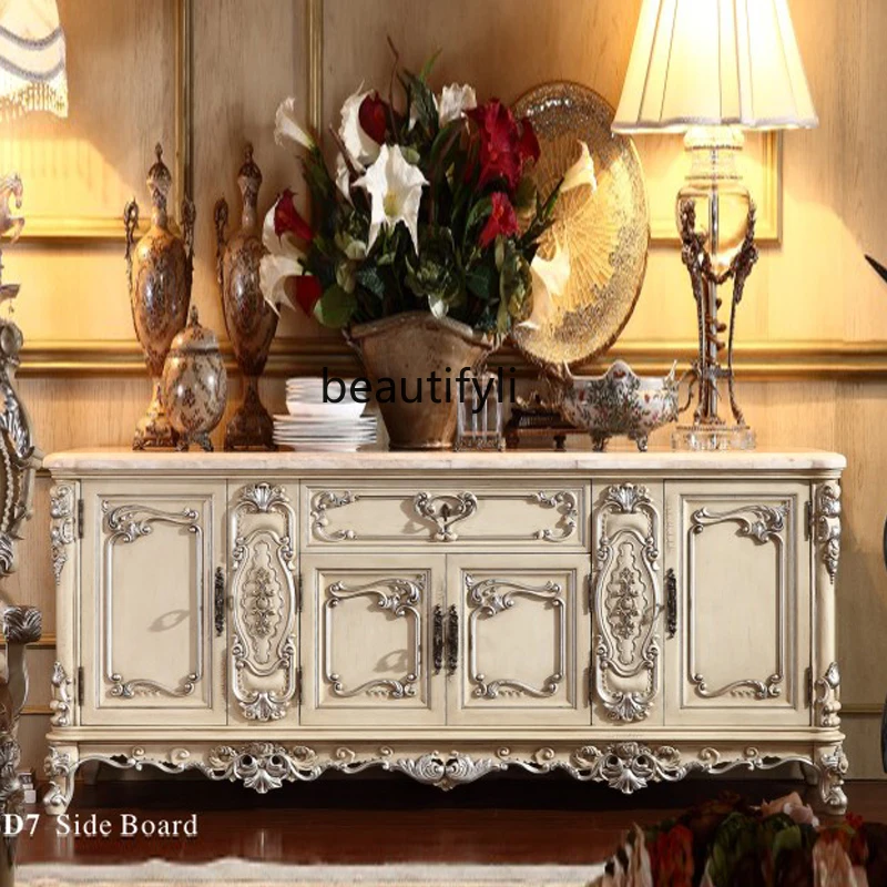 French Court Drawing Silver Sideboard Cabinet European Luxury Tea Cabinet Marble Equipment Sideboard Restaurant Side Cabinet